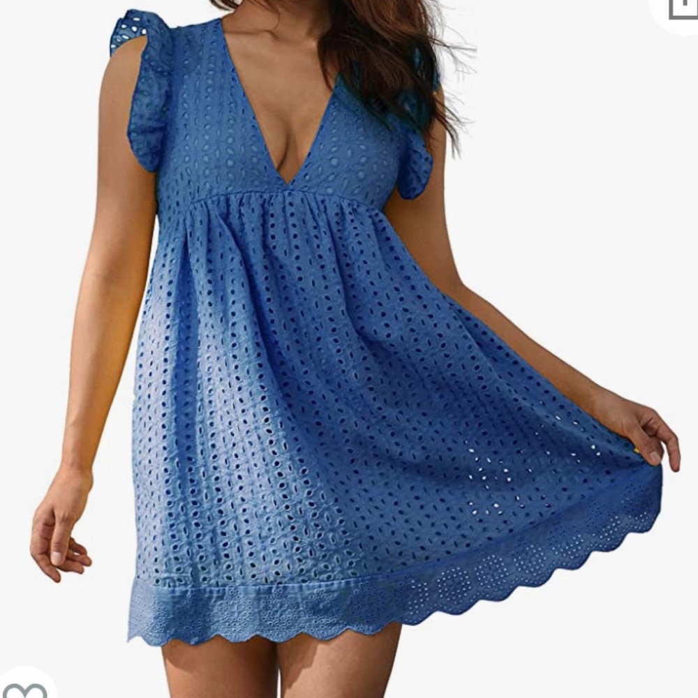 Blue Romper Dress w/Shorts V-Neck Lace Eyelet Mini Dresses with Pockets
